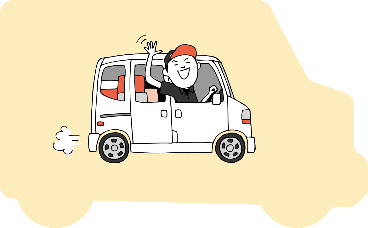 配達物を車に載せ、軽自動車を運転する男性スタッフのイラスト
